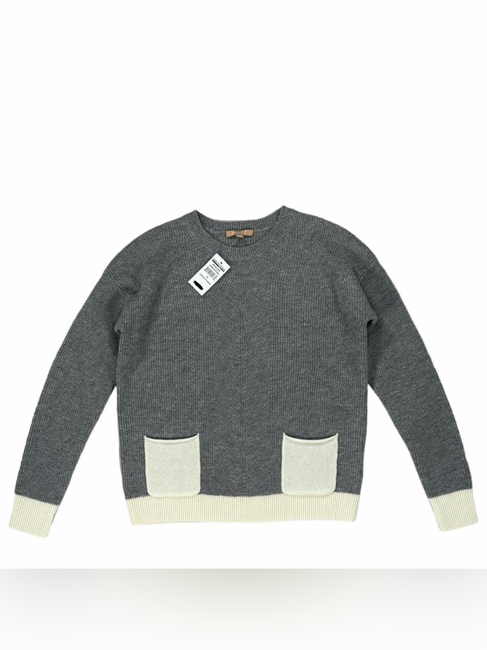Kier + J Women’s Grey & Ivory Front Pocket Knit Cashmere Sweater Size Small